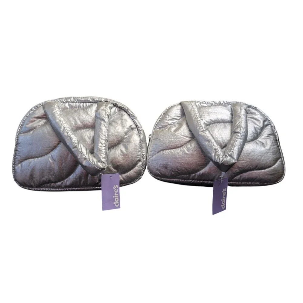 Claire’s Silver Puffer Cosmetic Bag Set – Quilted Makeup Pouch, New with Tags